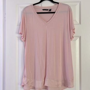 Pre-loved pretty romantic baby pink satin trimmed Halston V neck swing top.